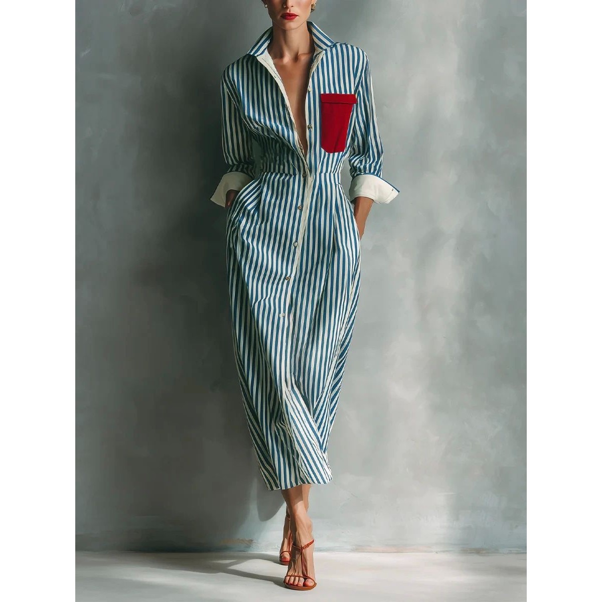 高领条纹收腰长款连衣裙High neck striped waist cinching dress