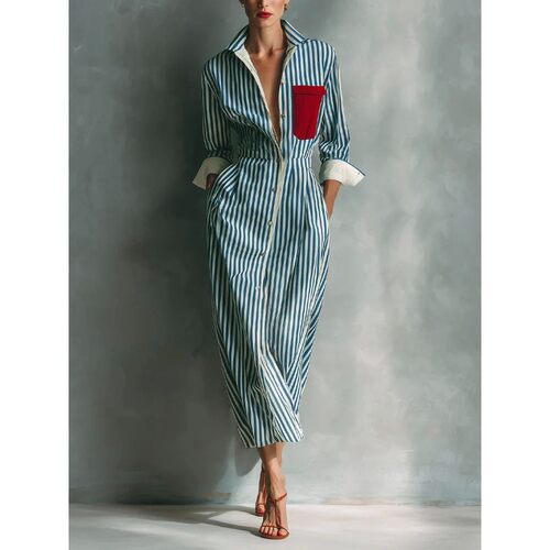 高领条纹收腰长款连衣裙High neck striped waist cinching dress