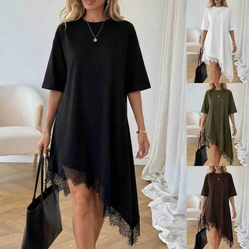 圆领纯色拼接蕾丝连衣裙Round neck solid color patchwork dress
