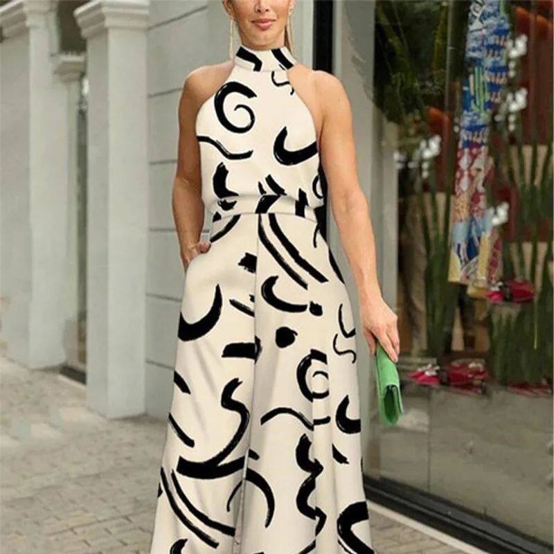 Round neck printe one-piece wide leg pants圆领印花连体阔腿裤