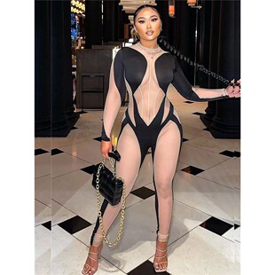 Perspective mesh contrasting jumpsuit透视网纱撞色拼接连体衣