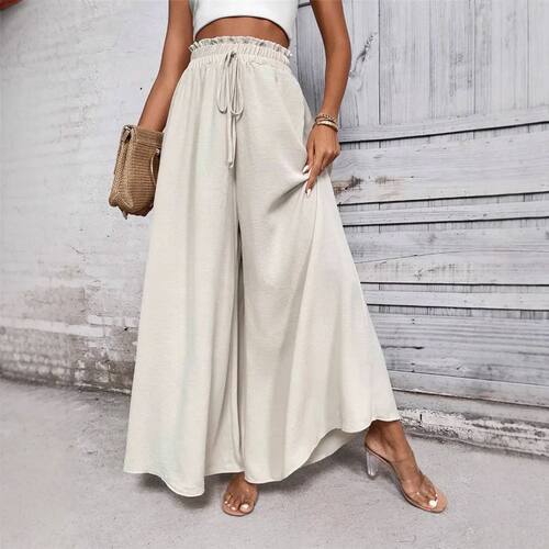 松紧高腰系带阔腿裤Elastic high wasted lace up wide leg pants