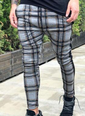 Plaid printed casual slim trousers  男士格子印花休闲修身长裤