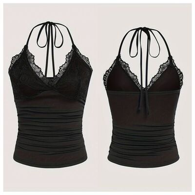 Vneck lace patchwork pleated lace topv领蕾丝拼接褶皱系带上衣