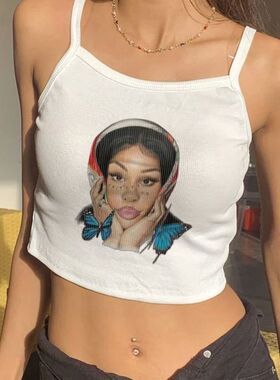 Printed lace up with exposed navel strap印花系带套头露脐吊带