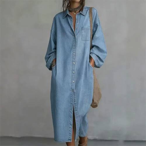 翻领纯色长袖衬衫连衣裙 Collar solid color long sleeved dress