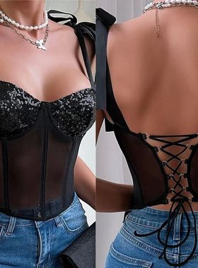 Tether solid color sequin backless sling系绳纯色亮片露背吊带