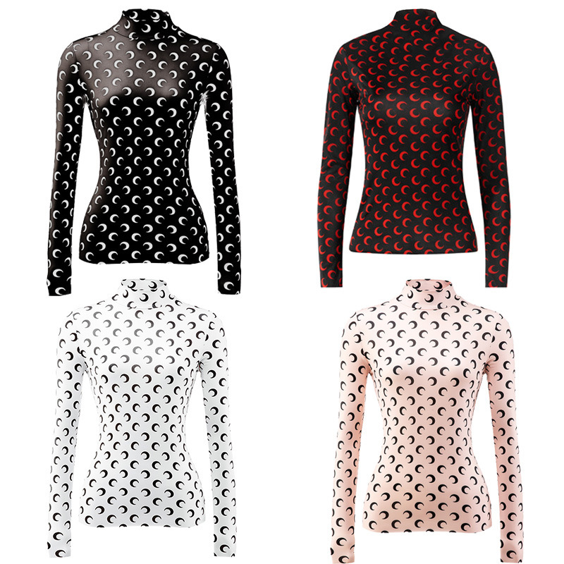 Printed turtleneck slim fit long sleeves印花高领修身女士长袖