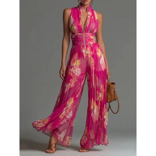 立领印花褶皱连体长裤Printed pleated irregular jumpsuit pants