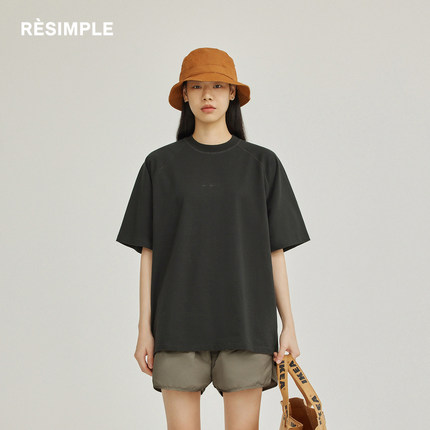 RESIMPLE黑色短袖t恤男宽松慵懒风插肩袖全棉王星越同款情侣0035