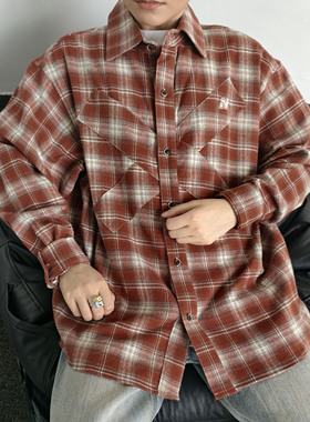 ZCBEAR美式复古交叉拼接格子长袖衬衫男女2025新款宽松百搭衬衣潮