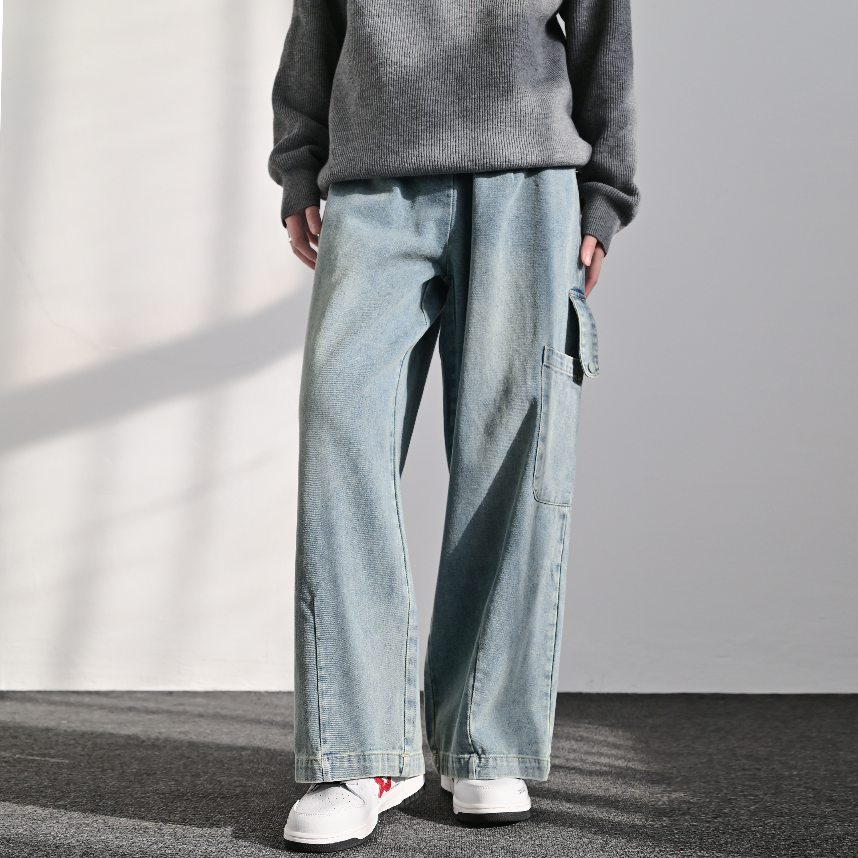 ZCBEAR复古学院风宽松阔腿牛仔裤男女垂感百搭休闲口袋长裤水洗潮