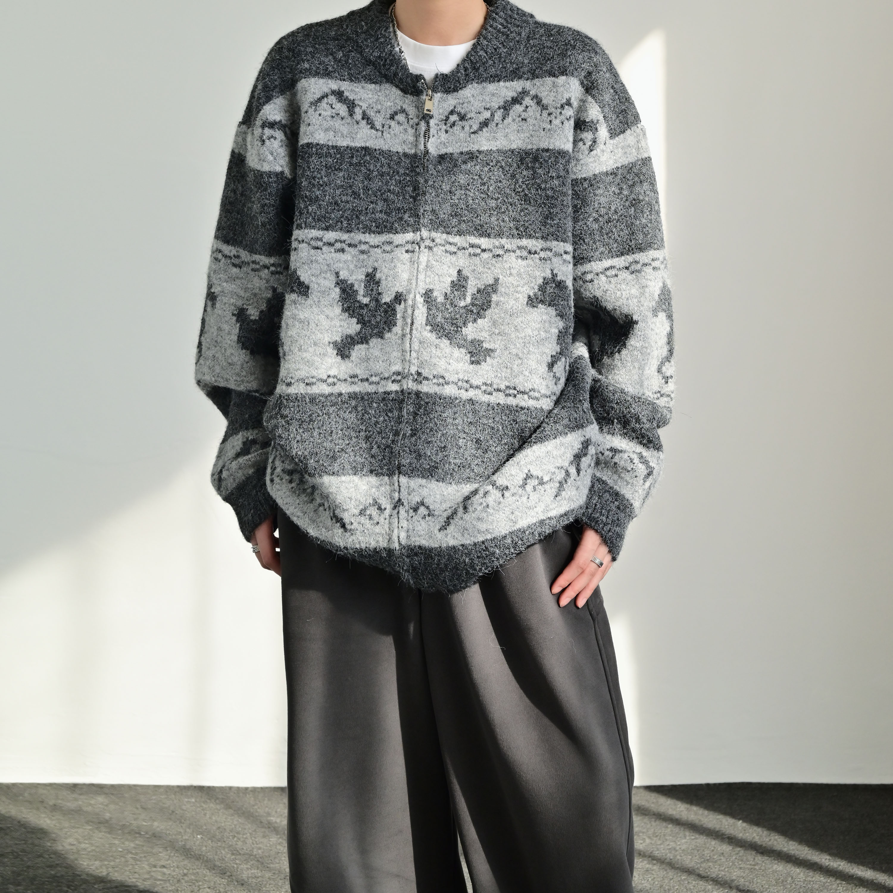 复古提花拉链针织开衫男女