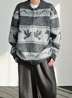 ZCBEAR复古提花几何图案拉链毛衣外套男女秋冬宽松百搭情侣针织衫