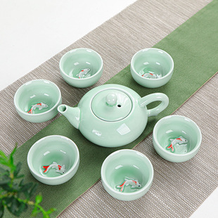 陶瓷茶具套餐小鱼杯便携旅行茶具节日开业随手礼品可 功夫茶具套装