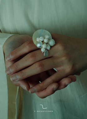 Z-WINDSTORM 黄玉石水葡萄贝壳串珠戒指 原创张韶涵同款 夏季胶囊
