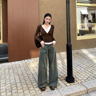 复古A字大阔腿牛仔裤女高腰宽松显瘦直筒休闲拖地长裤