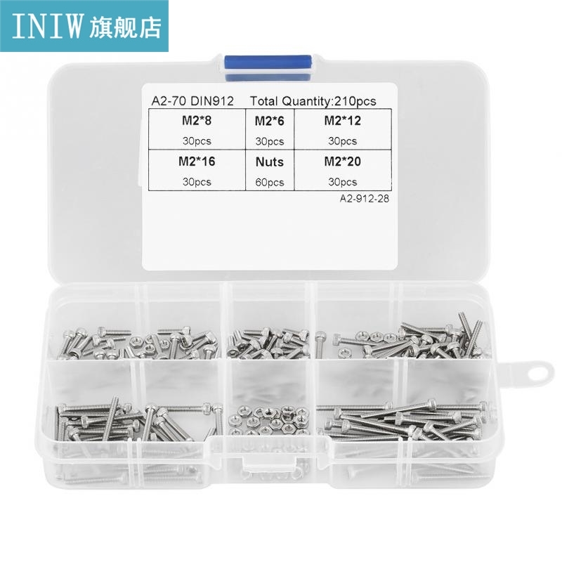 1 Set of 210Pcs M2 Nuts And Bolts Set 304 Stainless Steel Cu