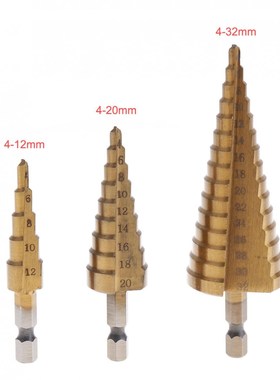 3pcs HSS Pagoda Stepped Drill Head with Hexagonal Handle Str