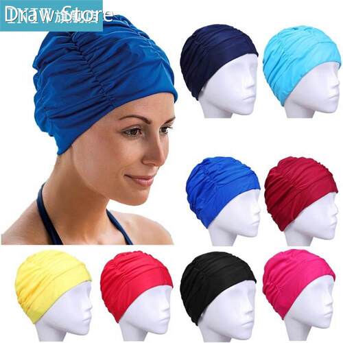 Nylon Elastic Swimming Cap Colorful Ears Pleated Pool Bathin