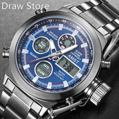 AMST Watch Men Stainless Steel Military Watch Waterproof Wr