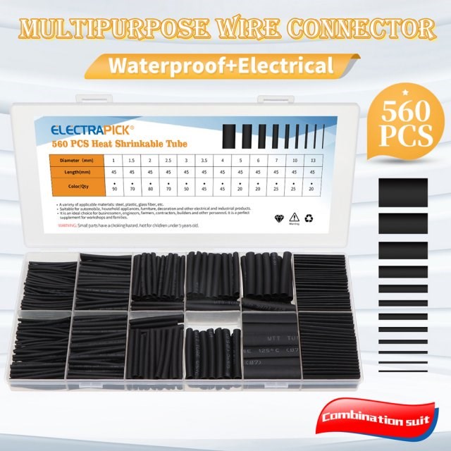 Electrapick 560pcs Heat Shrinkable Tubing Black Assorted Pol