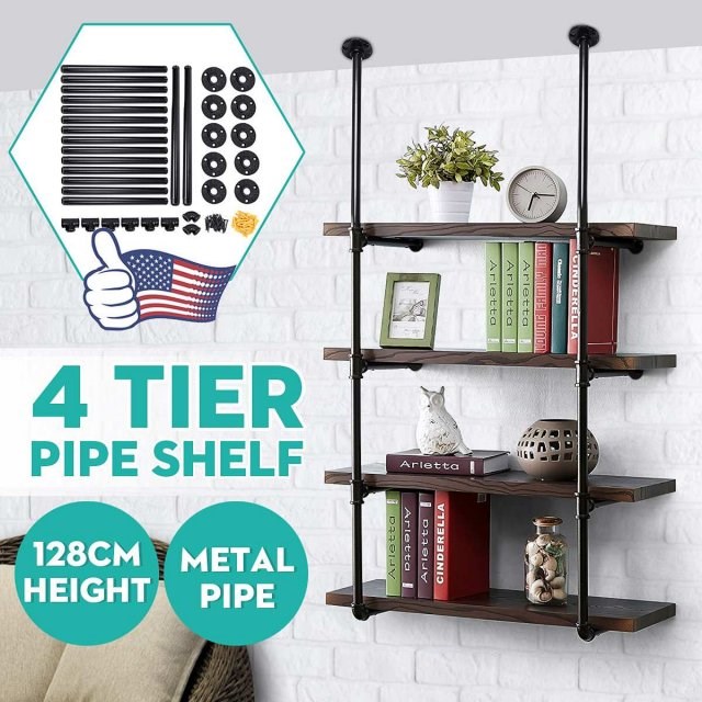 2pcs 4 layer Industrial Retro Style Bookshelf Black Iron Pip