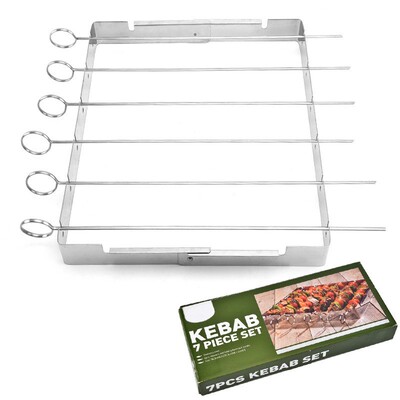 BBQ Kebab Grilling Rack + 6 FLAT Metal Skewers Beef Lamb Chi