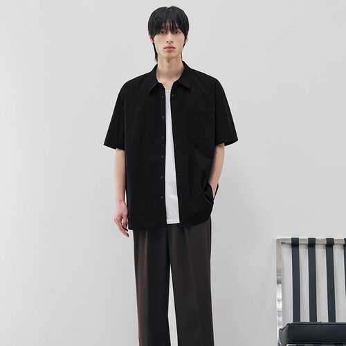 KPTH男装2026时尚设计师小众舒适简约百搭男士黑色牛仔短袖衬衫