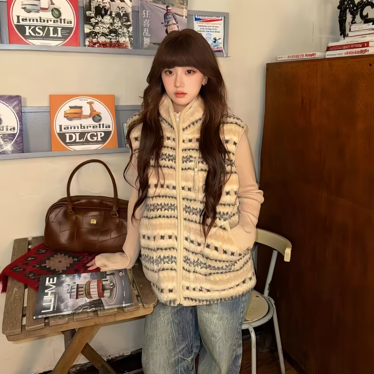 美式复古费尔岛花纹慵懒风马甲女