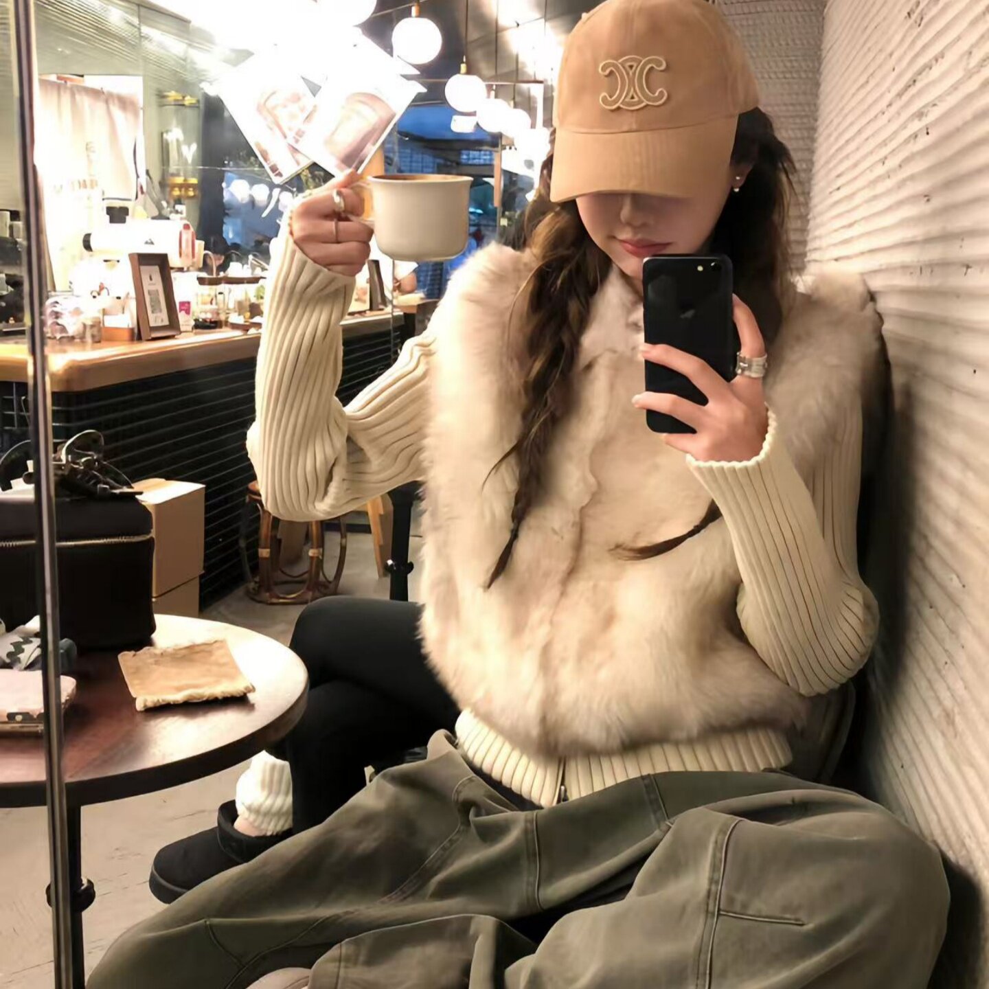 韩系千金风短款针织袖拼接棉服女2026冬季新款可脱卸马甲毛毛外套