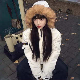 国潮白色棉袄加厚巨好看情侣棉衣 毛领派克棉服女短款 2025冬季 新款