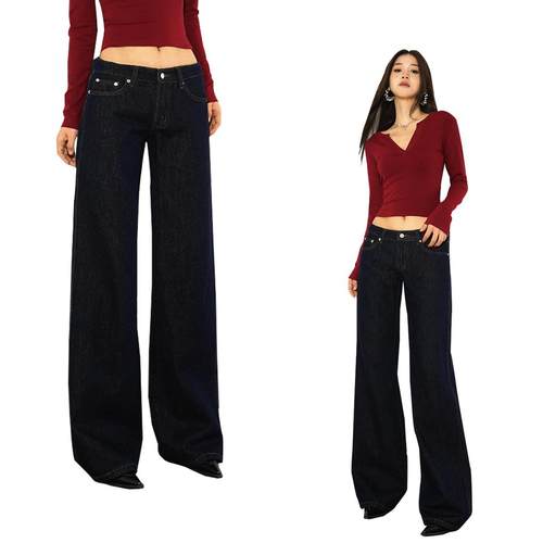 CARESH复古丹宁蓝原色阔腿牛仔裤