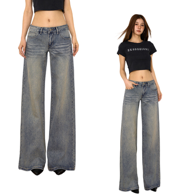 美式复古低腰直筒阔腿牛仔裤女