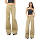 @SOHOT美式 女宽松拖地裤 辣妹不贴腿中低腰休闲裤 卡其色微喇阔腿裤