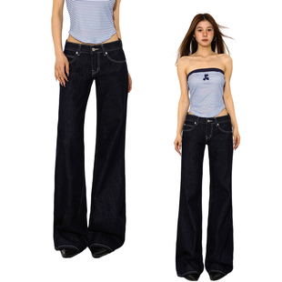 @SOHOT美式复古低腰微喇牛仔裤女春季显瘦不贴腿喇叭裤原色牛仔裤