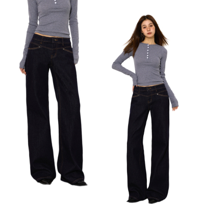 美式复古低腰阔腿拖地牛仔裤女
