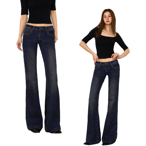 美式辣妹风低腰微喇拖地牛仔裤