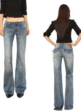 @SOHOT美式复古低腰微喇牛仔裤女2025新款辣妹不贴腿喇叭裤