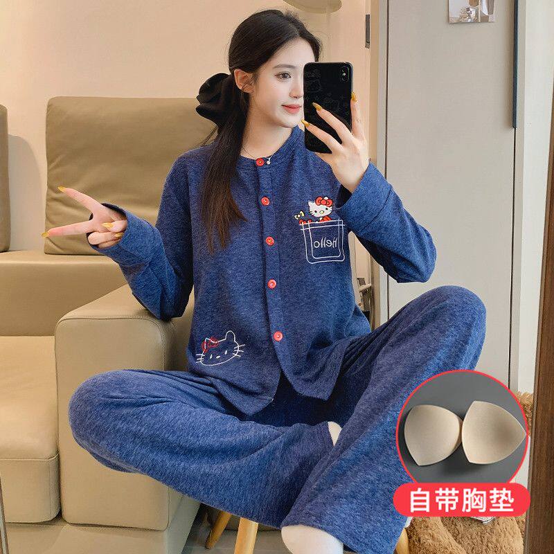 2026年冬季带胸垫新款蝴蝶结冬季蚕丝羊绒开衫睡衣可爱少女家居服