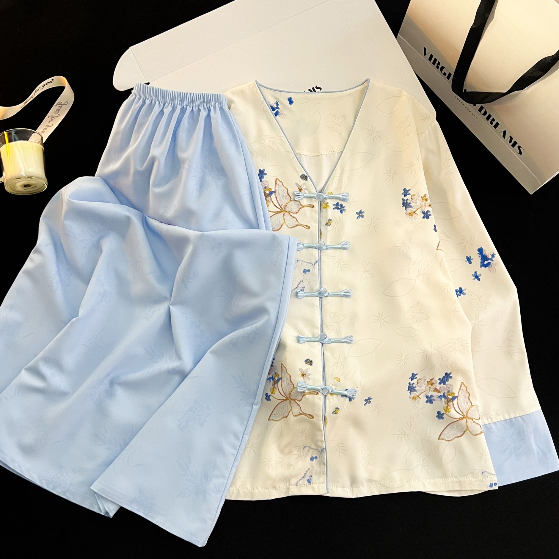 新中式国风宫廷风新款冰丝睡衣女春秋季长袖长裤睡衣女家居服套装