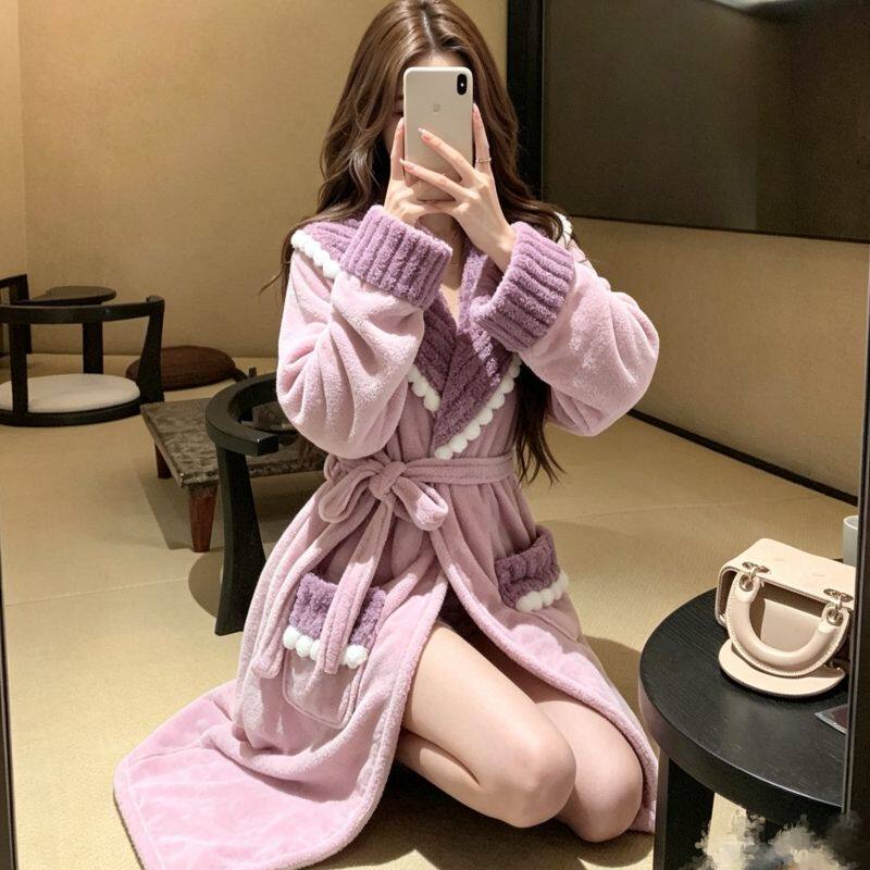 高奢千金小姐绝绝紫加厚冬季长袖法兰绒睡袍网红裳裳同款绑带睡衣