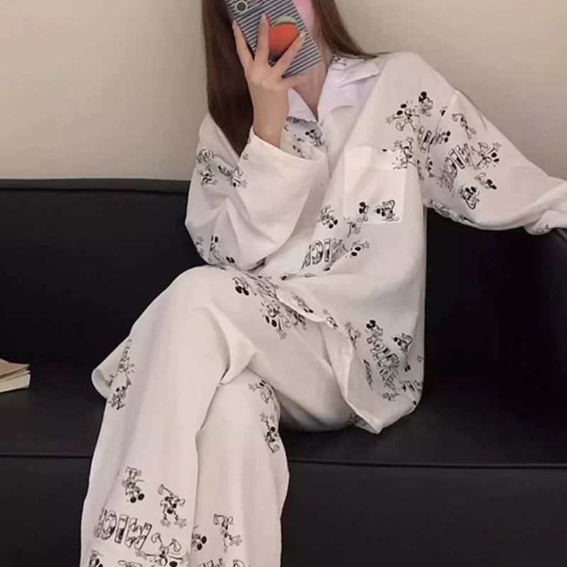 春秋长袖云朵棉睡衣女卡通白色涂鸦衬衫睡衣ins风可外穿套装