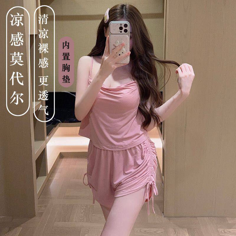 夏季带胸垫吊带短裤莫代尔睡衣女2026性感纯欲荡领抽绳设计套装