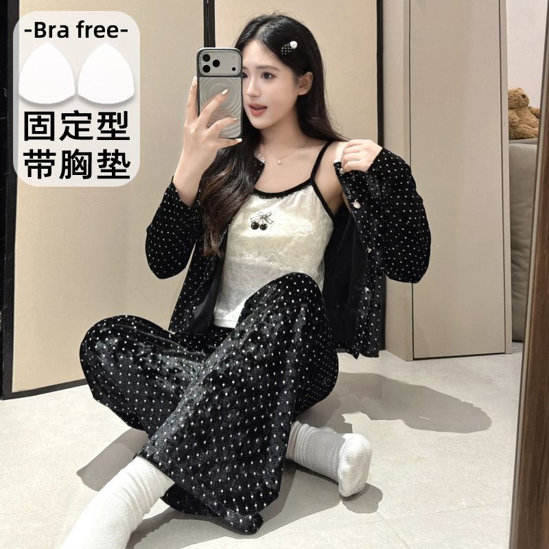 带胸垫吊带长袖三件套金丝绒睡衣女性感蕾丝波点金钻绒家居服套装