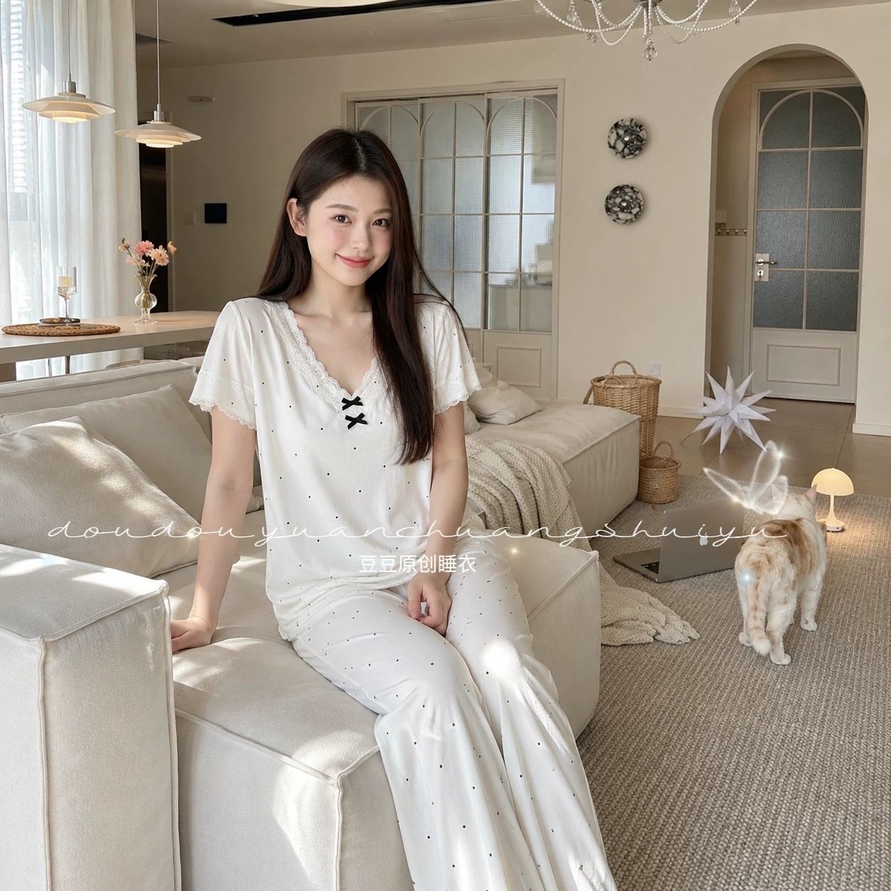 夏日波波蕾丝高腰显瘦夏季带胸垫短袖短裤莫代尔睡衣女纯欲套装