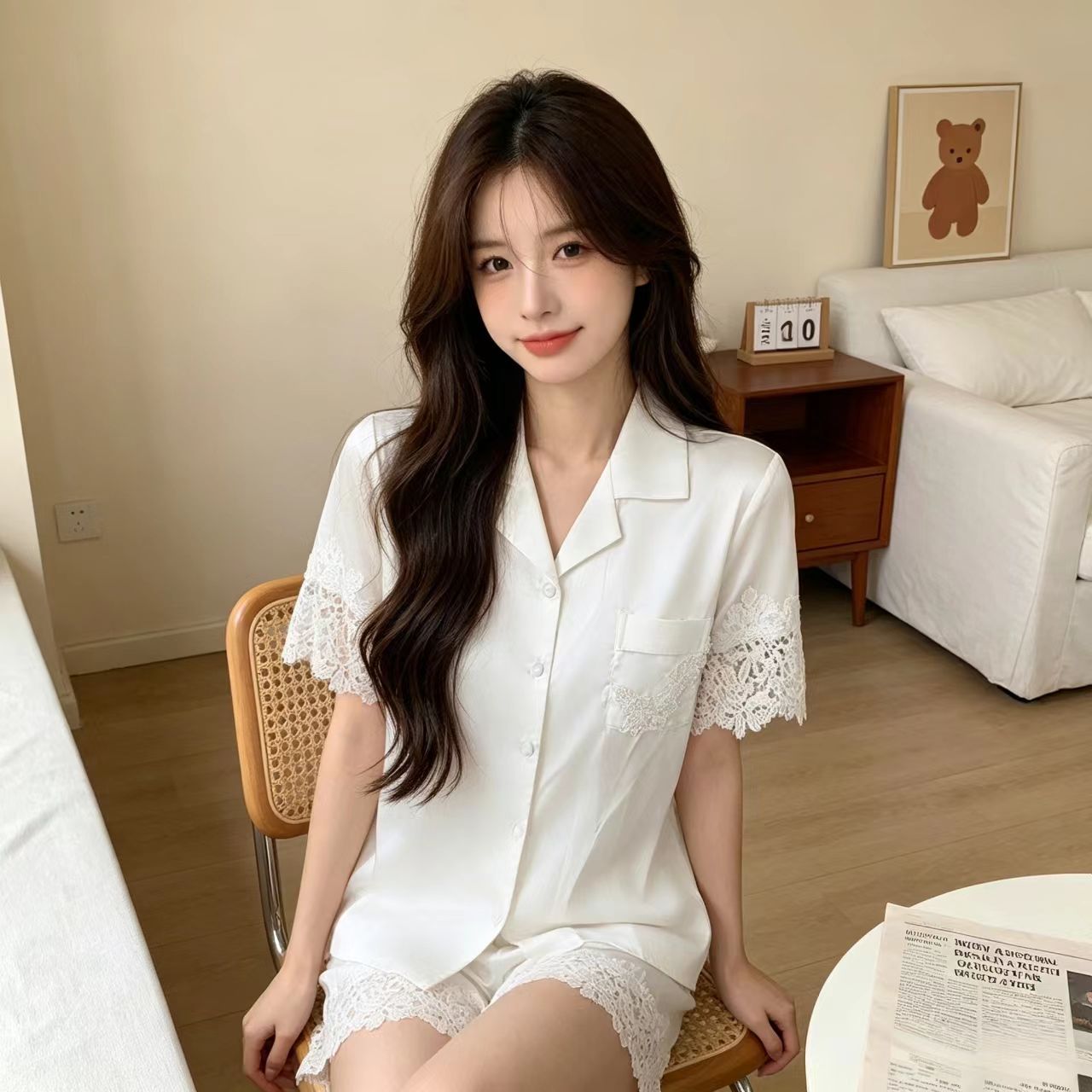 纯色蕾丝花边女士冰雪丝夏季新款短袖短裤两件套开衫家居服可外穿