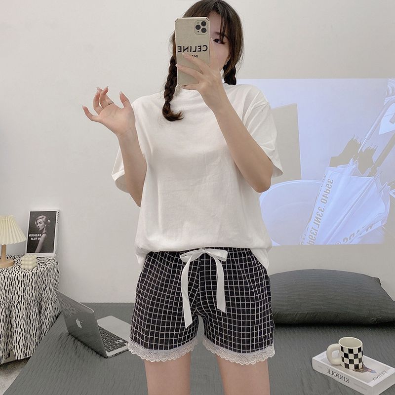 夏季女士条纹短裤休闲居家蕾丝花边家居裤可外穿拉架棉睡裤带口袋