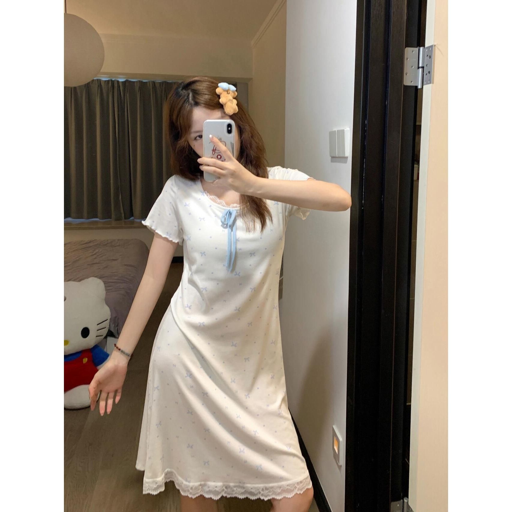 短袖睡裙女夏季新款甜美可外穿蝴蝶结带胸垫中长款睡衣裙家居服
