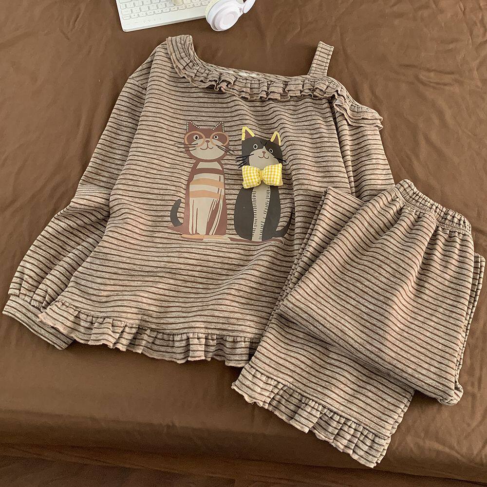 秋冬长袖羊绒睡衣女韩系斜肩休闲少女花边家居服套装(双口袋)